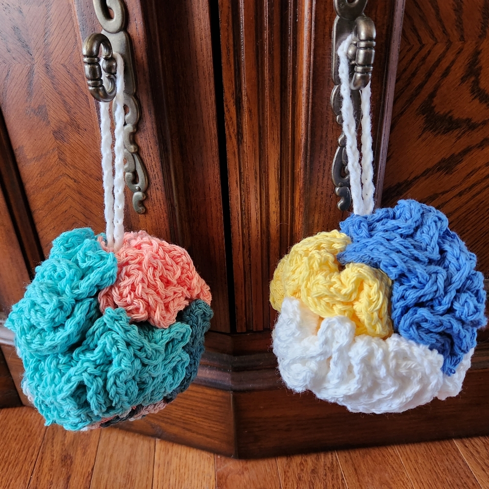 Crochet Set of 2 Teal Multi-colored Shower Poufs
